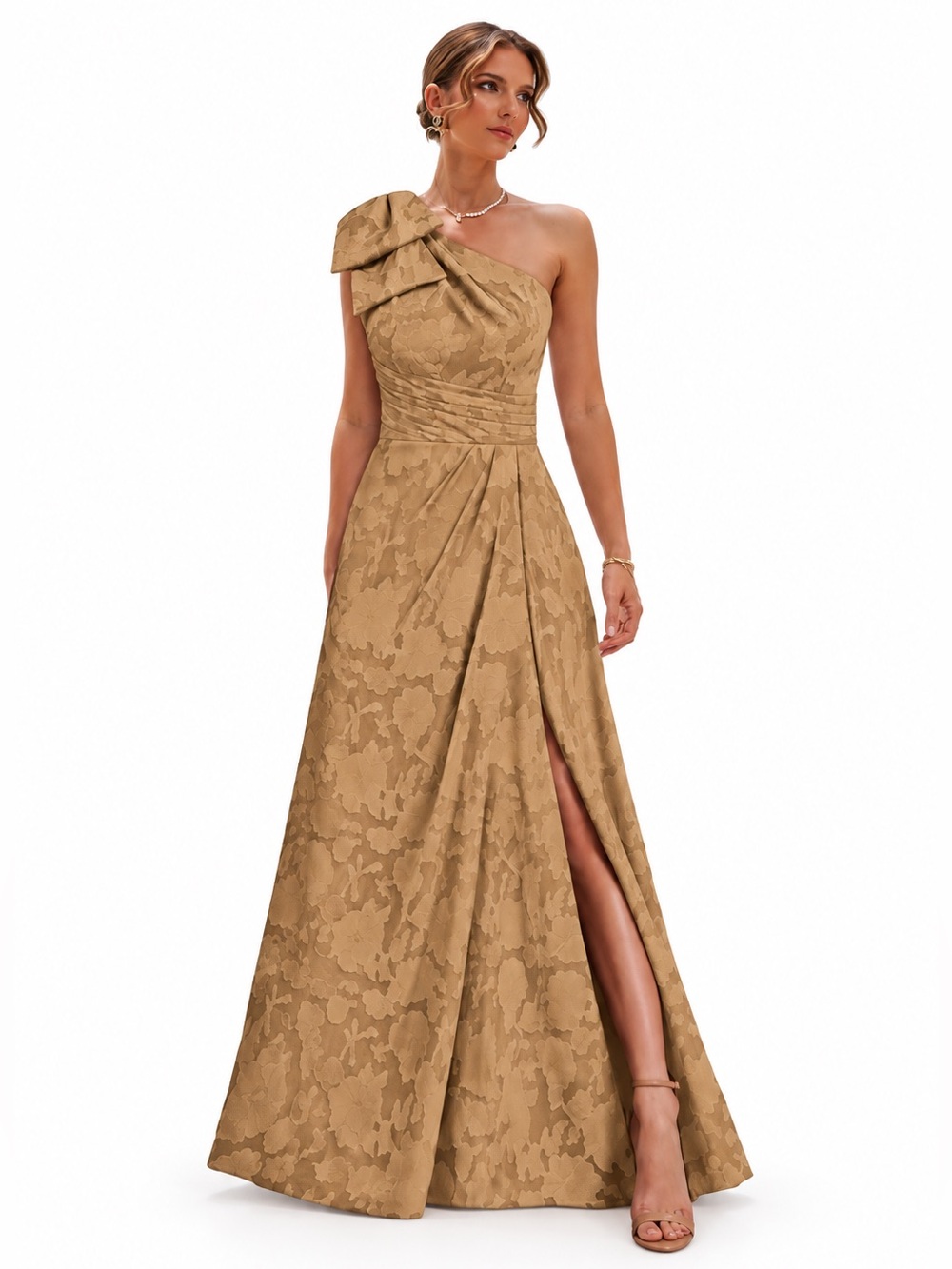One-Shoulder Champagne Brown Floral Burnout Appliqué Formal Gown with Bow